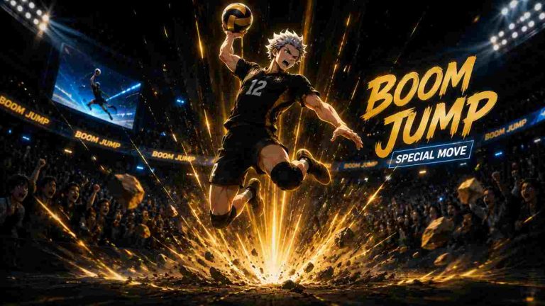 Anime volleyball player performing Boom Jump special spike move in The Spike game.