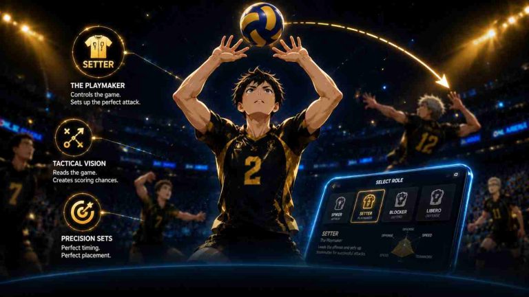 The Spike game role selection screen showing Setter, Spiker, Blocker, and Libero options.