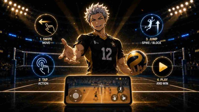 The Spike volleyball game controls guide showing swipe, tap, jump, and play icons with gameplay screen.