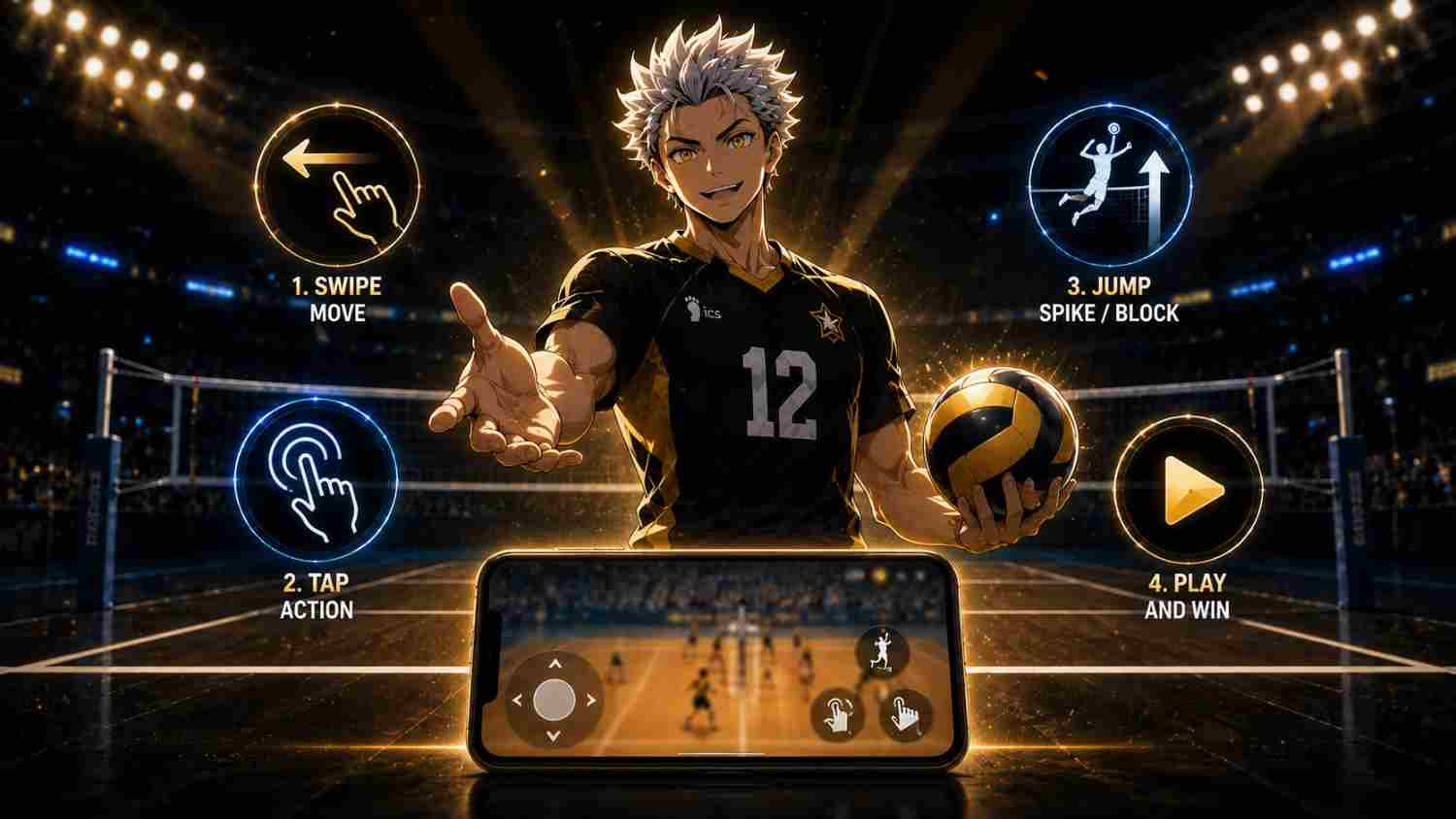 The Spike volleyball game controls guide showing swipe, tap, jump, and play icons with gameplay screen.