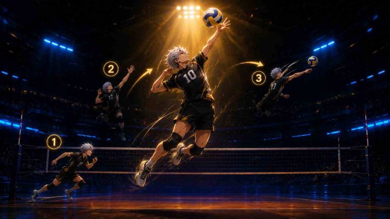 Step by step guide showing volleyball spike technique with approach, jump, and hit sequence.