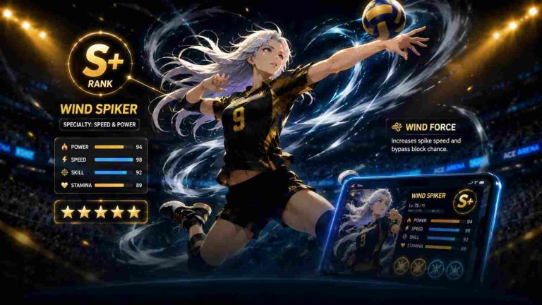 Sara Wind Spiker character stats screen showing S+ rank, Power, Speed, Skill, and Stamina in The Spike.