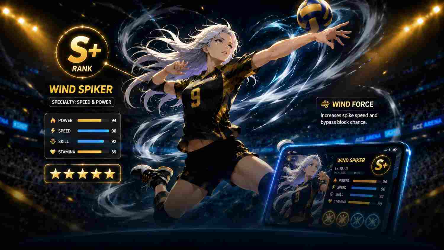 Sara Wind Spiker character stats screen showing S+ rank, Power, Speed, Skill, and Stamina in The Spike.