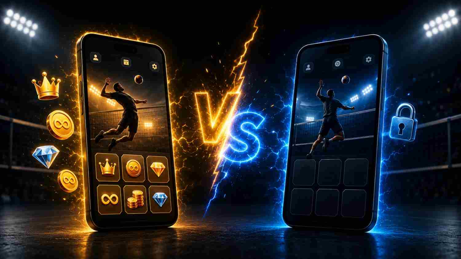 Comparison of Spike Mod APK unlocked features and gold rewards versus locked original version screen.