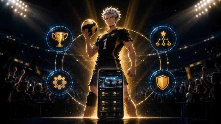 Spike Volleyball gameplay guide showing trophy, skill tree, settings, and shield icons with in-game menu screen.