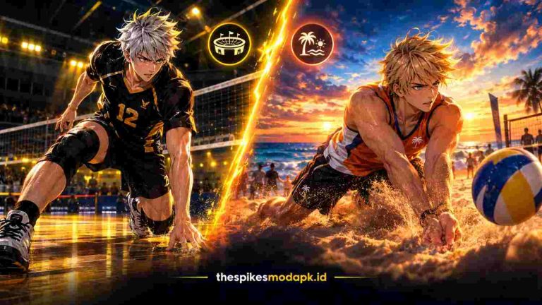 The Spike indoor volleyball player versus Beach Volleyball beach player comparison from thespikesmodapk.id.