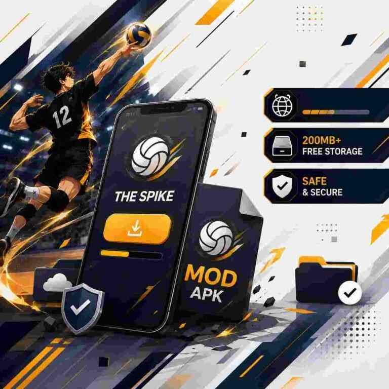 The Spike Mod APK with volleyball player, mobile gameplay and download interface.