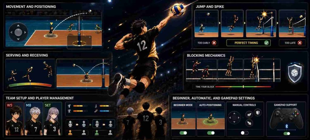 The Spike Mod APK gameplay showing volleyball controls, jump and spike timing, blocking mechanics, and player management.