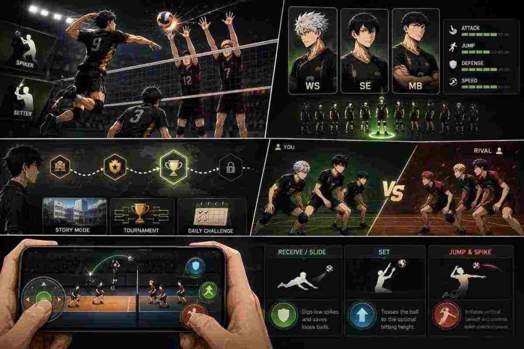 The Spike Mod IPA volleyball gameplay and mobile game interface.