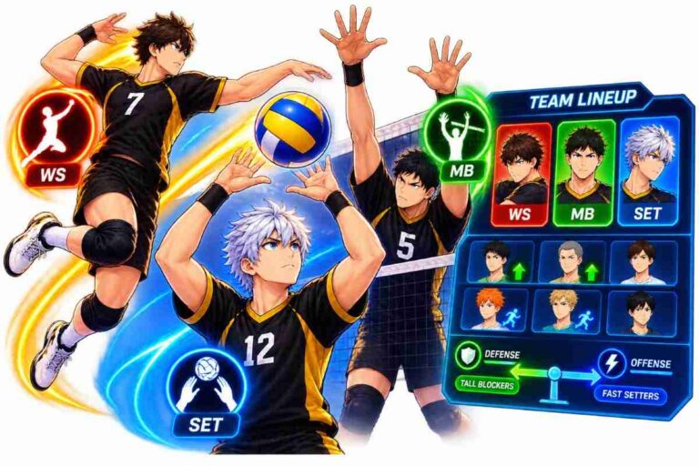 The Spike mod volleyball gameplay with team lineup and player positions.
