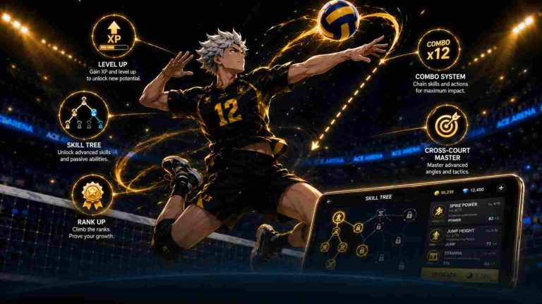 Intermediate gameplay guide showing skill tree, combo system, level up, and rank up features in The Spike Volleyball Story.