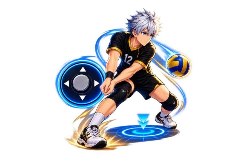 The Spike Volleyball Story Mod APK character performing a volleyball receive with movement controls.