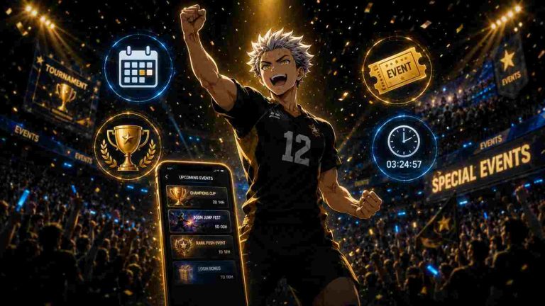 The Spike upcoming events screen showing Champions Cup, Boom Jump Fest, Rank Push Event, and Login Bonus with countdown timers.