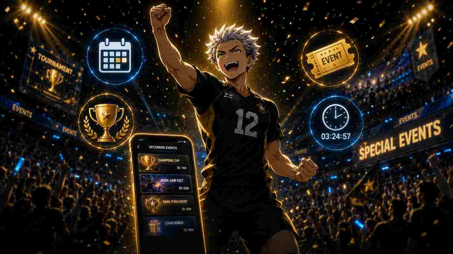 The Spike upcoming events screen showing Champions Cup, Boom Jump Fest, Rank Push Event, and Login Bonus with countdown timers.