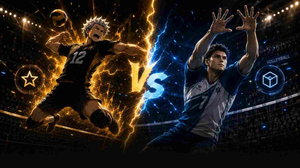 The Spike anime style player versus Volleyball Champions 3D realistic player comparison.