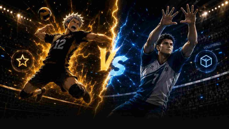 The Spike anime style player versus Volleyball Champions 3D realistic player comparison.