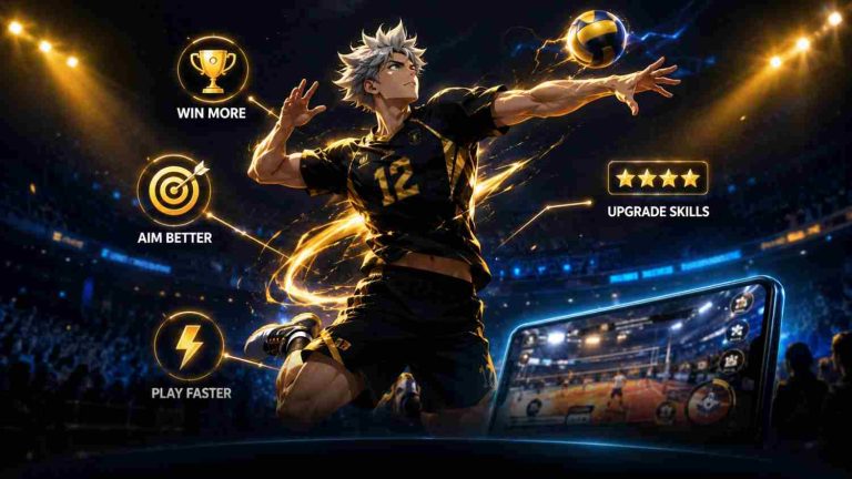 Spike Mod APK gameplay tips showing win more, aim better, play faster, and upgrade skills icons with player spiking the ball.